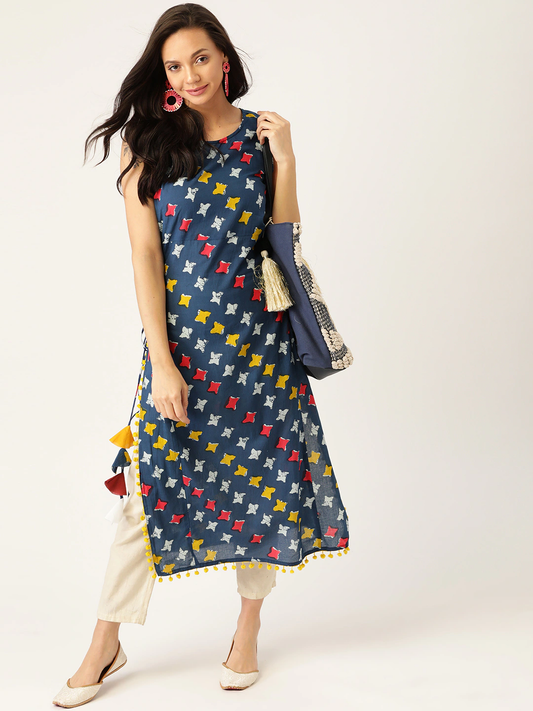 Women Navy Blue & Yellow Ethnic Style Kurta