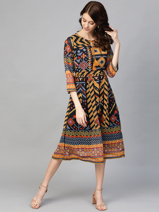 Women Navy Blue & Yellow Printed Dress