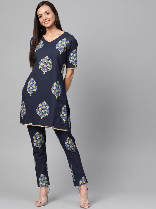 Women Navy Blue Printed Kurta Set