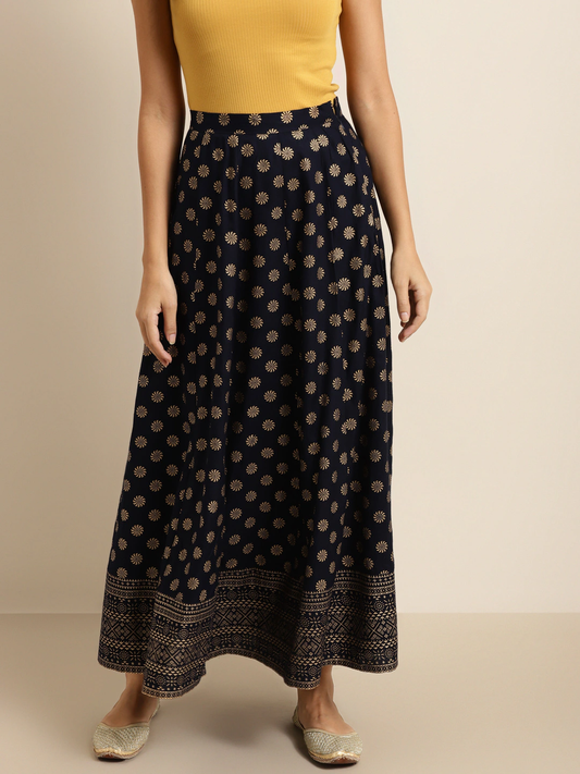 Women Navy & Golden Foil Print Skirt