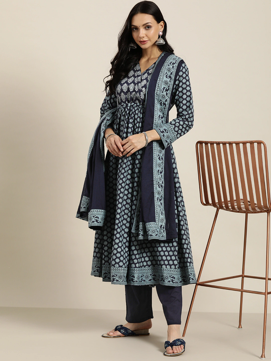 Women Navy & Grey Pure Cotton Kurta Set