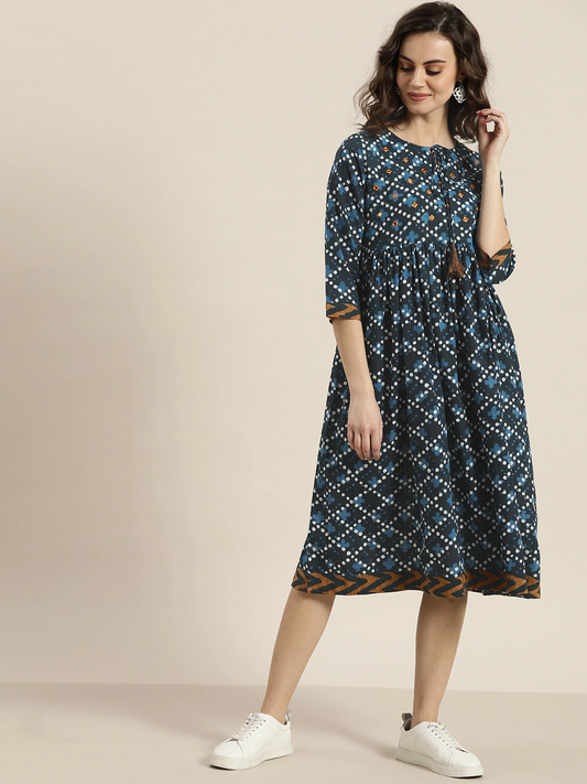 Women Navy Blue Printed A-Line Dress