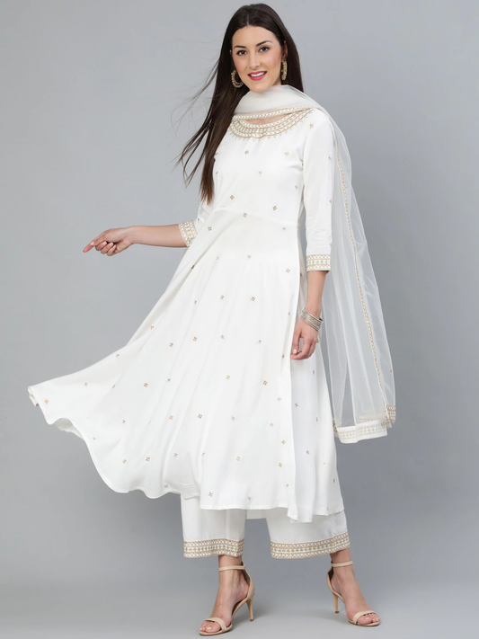 Women Off-White Embroidered Kurta Palazzo Set