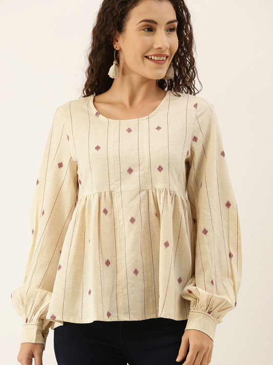 Women Hand Embroidery Striped A-Line Top with Gathers