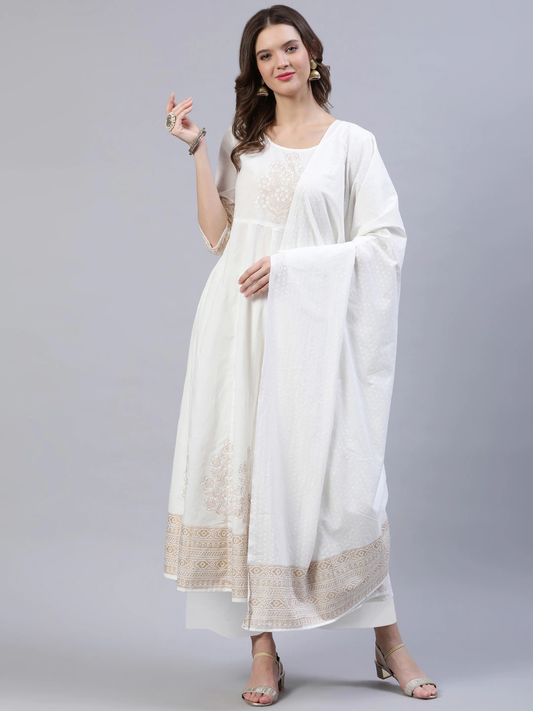 Women Off-White Anarkali With Palazzo & Dupatta