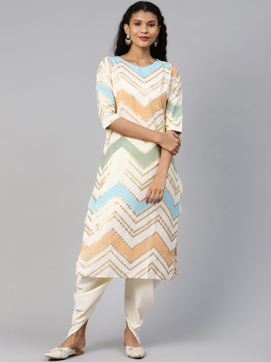 Women Off-White Printed Straight Kurta Set