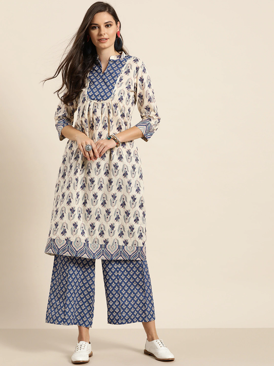 Women Off-White & Navy Blue Cotton Kurta Set