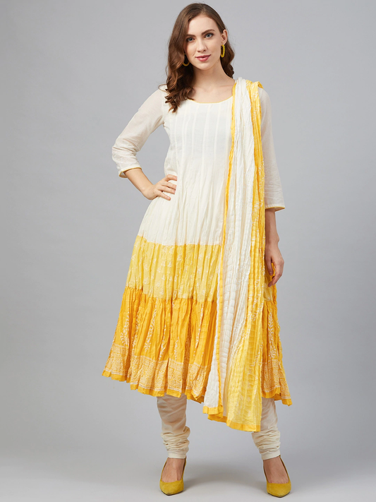 Women Colour blocked Kurta with Churidar & Dupatta