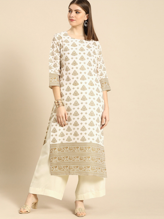 Women Off White Ethnic Kurta with Palazzos