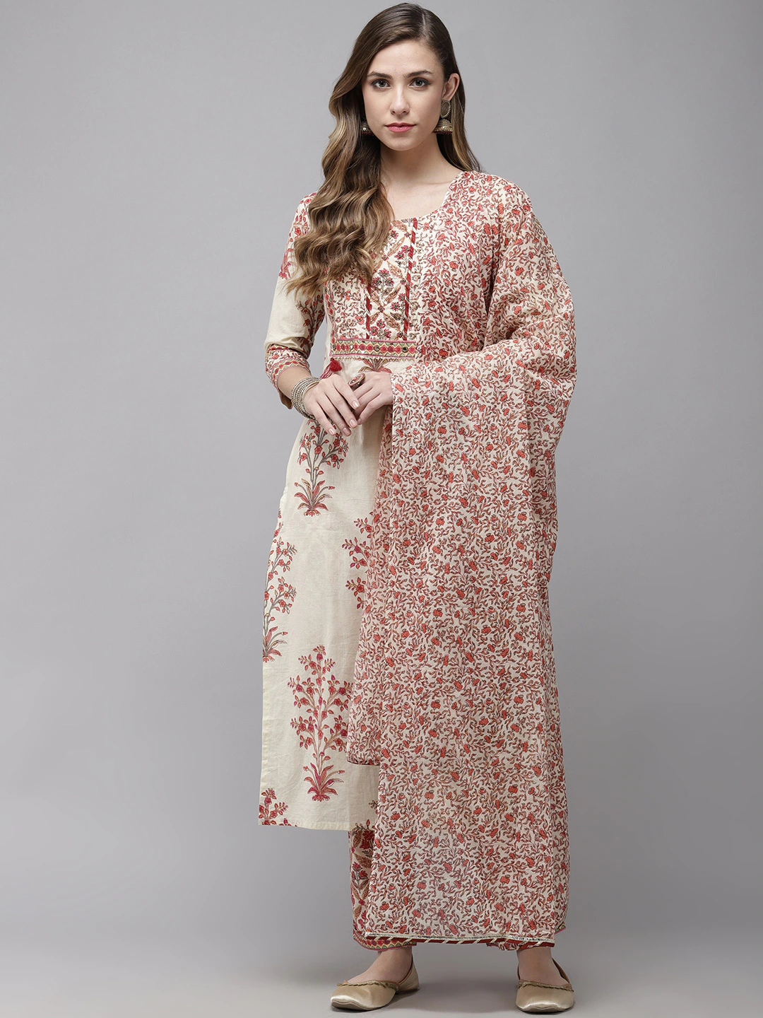 Women Off White Floral Printed Thread Work Cotton Kurta Set