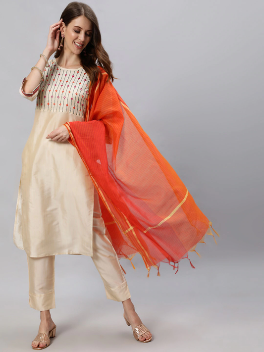 Women Off White & Orange Mirror Work Kurta Set
