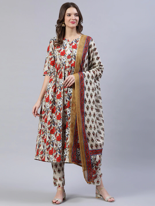 Women Off White & Red Floral Print Kurta Set