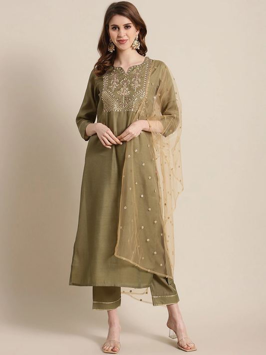 Women Olive Green Kurta Set