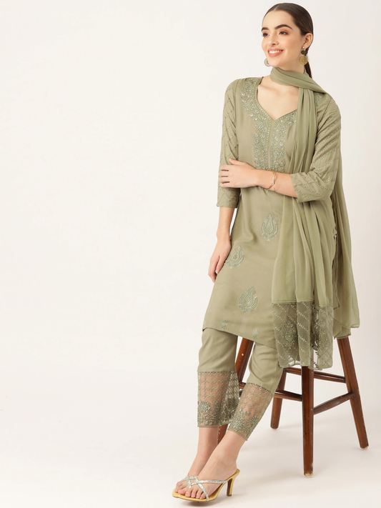 Women Olive Green Ethnic Yoke Design Kurta Set