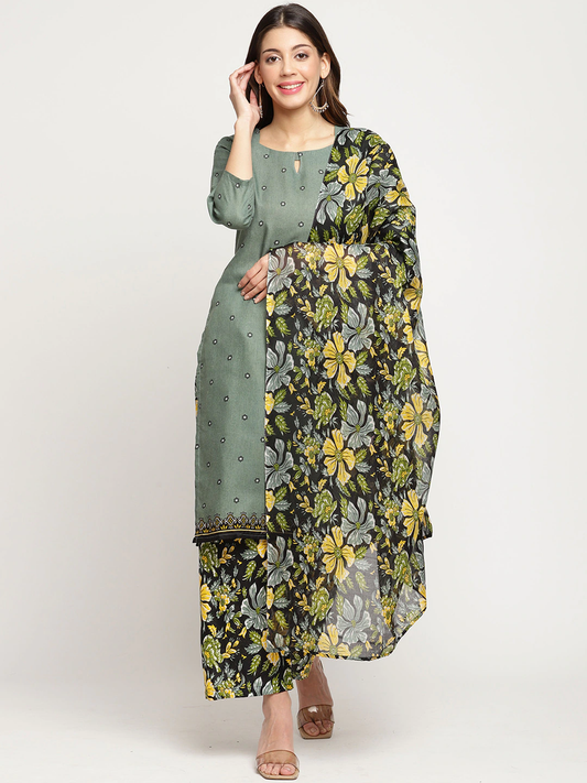 Women Olive Green Printed Kurta Set
