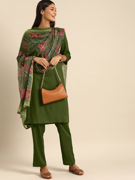 Women Olive Green Solid Kurta Set