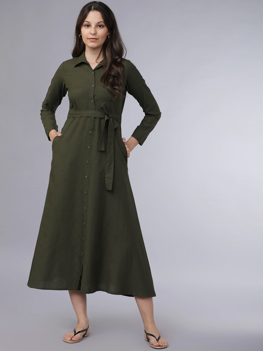 Women Olive Green Solid Shirt Dress