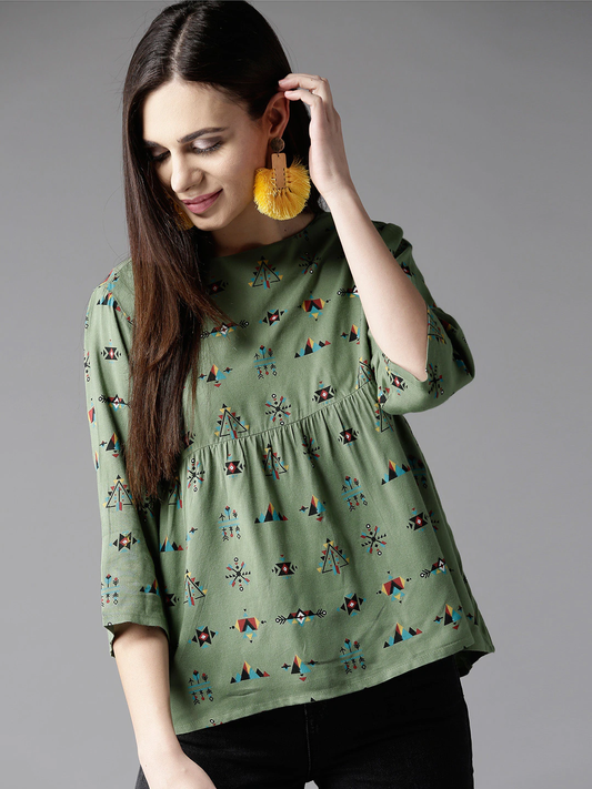 Women Olive Green Printed Top