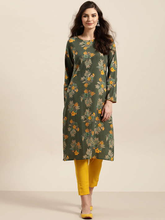Women Olive Green Cotton Floral Printed Kurta