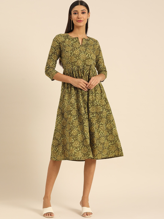 Women Olive Green & White Floral Dress