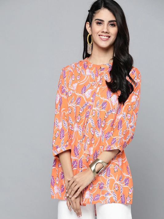 Women Orange Ethnic Motifs Printed Kurti