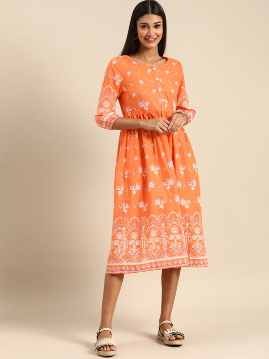Women Orange Printed A-Line Dress