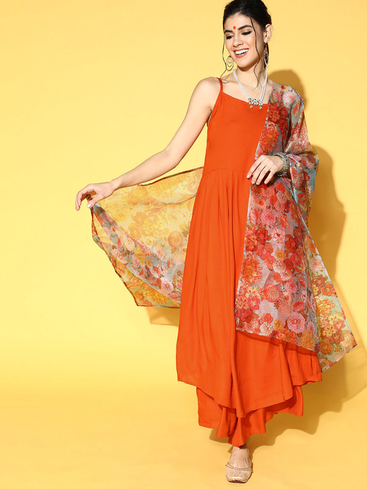 Women Orange Kurta Palazzos Dupatta Set