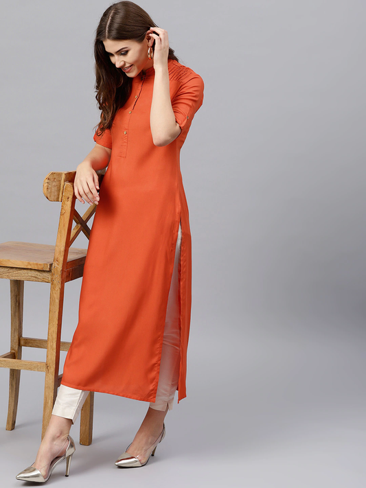 Women Orange Solid Straight Kurta
