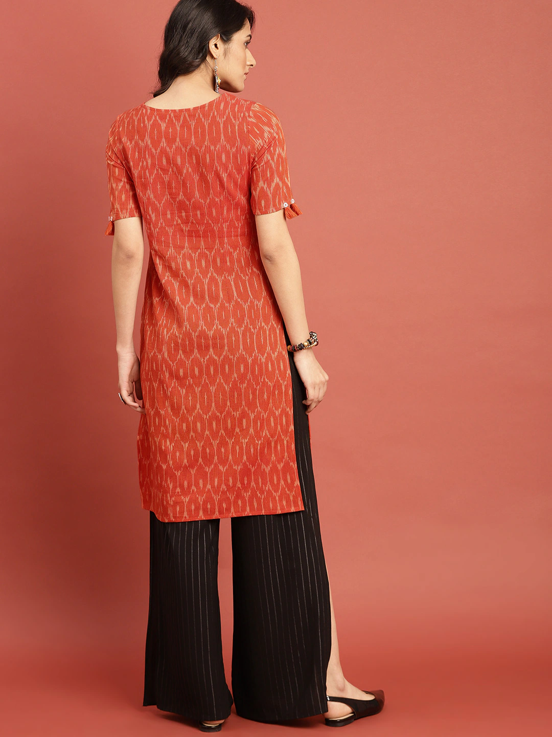 Women Orange Straight Sustainable Kurta with Tassel