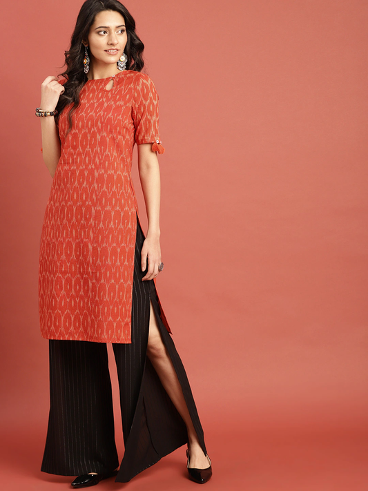 Women Orange Straight Sustainable Kurta with Tassel