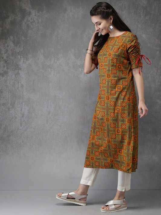 Women Orange & Green Kurta