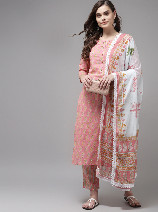 Women Peach-Coloured Ethnic Motifs Printed Kurta Set