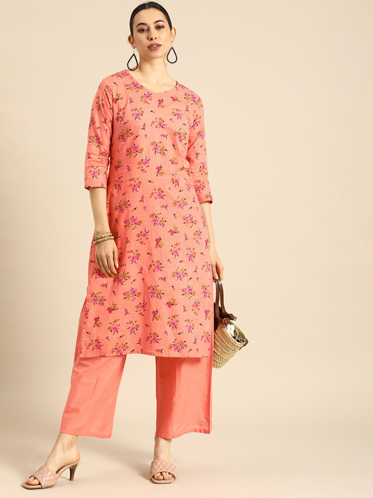 Women Peach-Coloured Kurta with Solid Palazzos