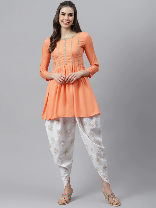 Women Peach Yoke Design Kurta with Dhoti Pants