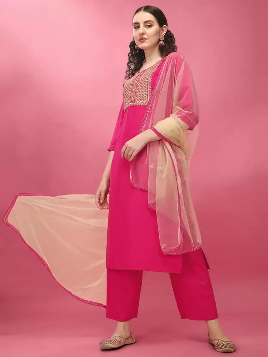 Women Pink Cotton Blend Kurta set