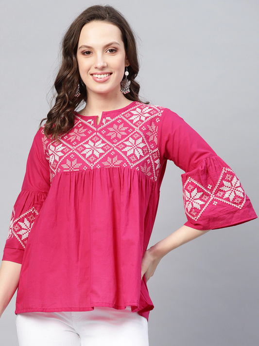 Women Pink Embroidered Cotton Top