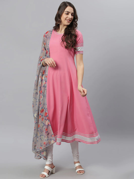 Women Pink Flared Crepe Anarkali Kurta & Dupatta