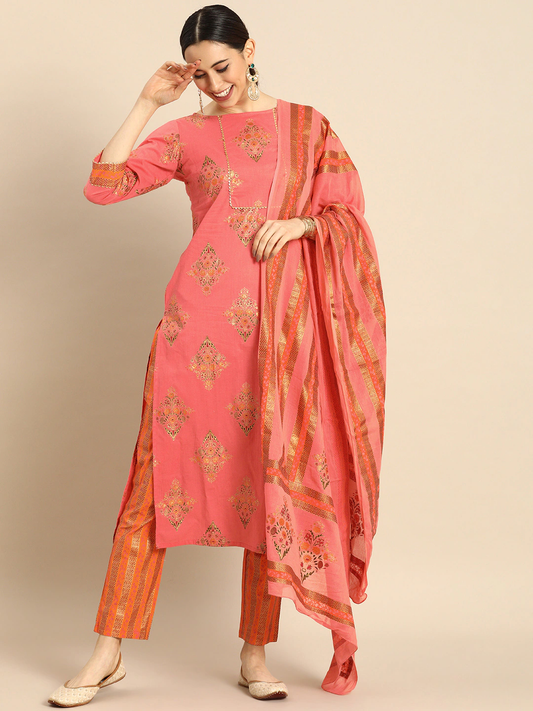 Women Pink Floral Foil Printed Cotton Kurta Set