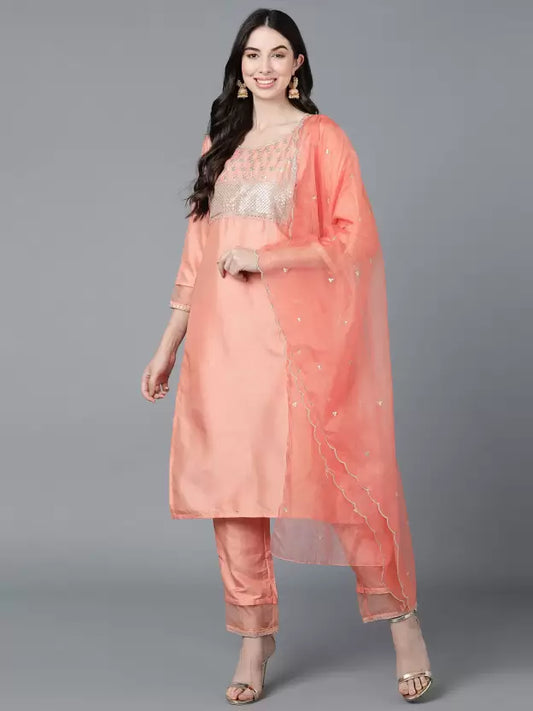Women Pink Poly Silk Kurta set