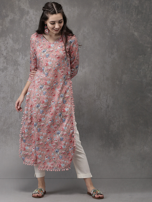 Women Pink Printed Straight Kurta