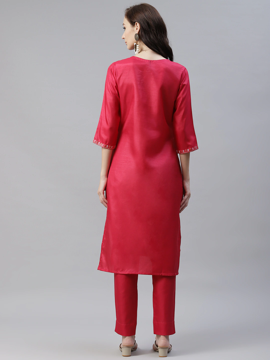 Women Pink & Golden Floral Kurta with Trousers