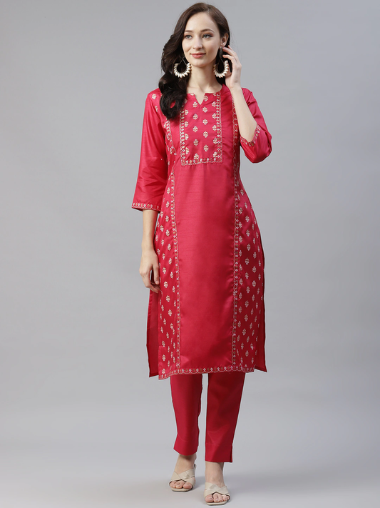 Women Pink & Golden Floral Kurta with Trousers