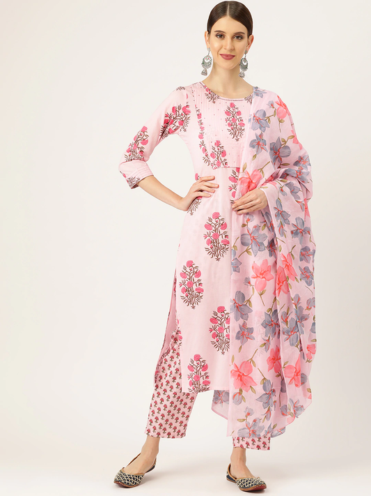 Women Pink & Green Floral Printed Ethnic Kurta Set