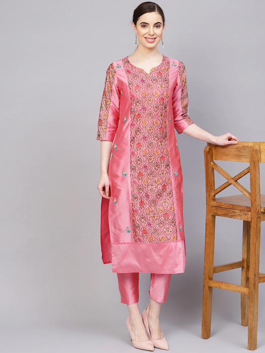 Women Pink & Green Kurta Set