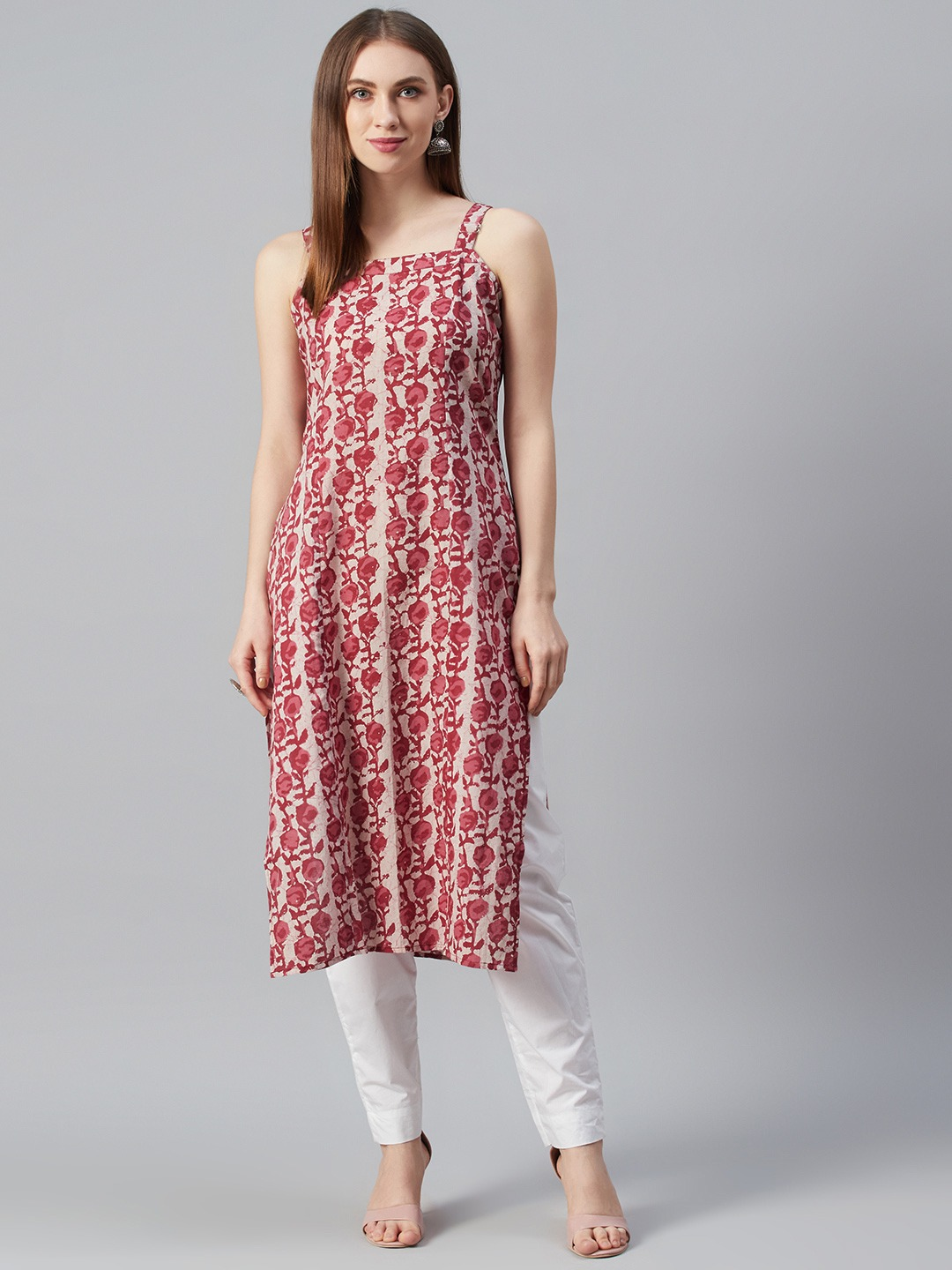 Women Pink Printed Strappy Straight Kurta