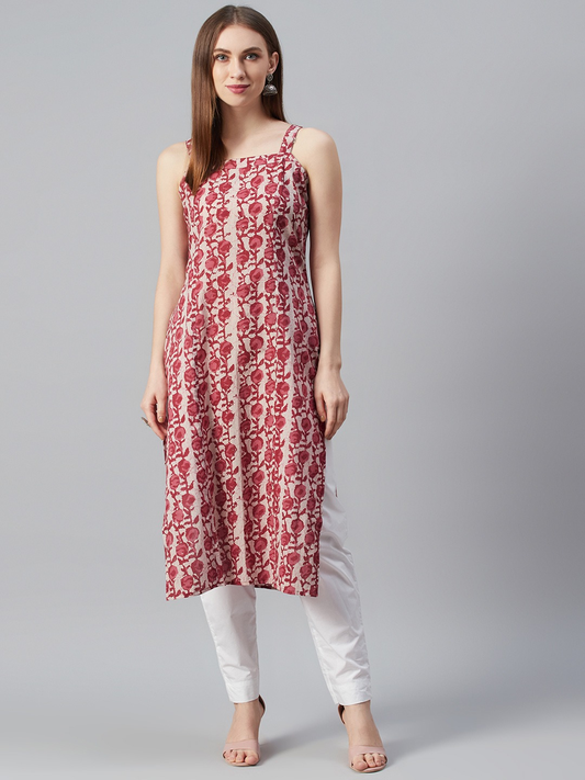 Women Pink Printed Strappy Straight Kurta