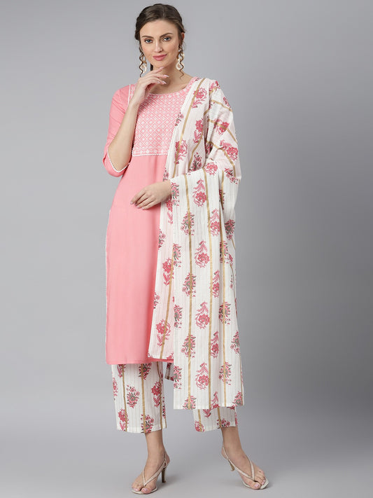 Women Pink & Off-White Yoke Design Kurta Set