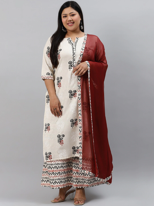 Women Plus Size Off-White & Maroon Printed Kurta Set