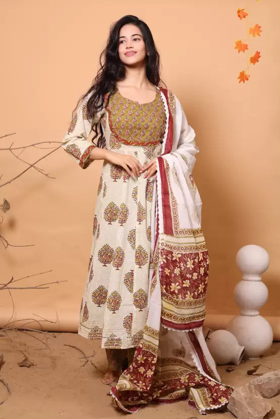 Women Pure Cotton Multicolor Kurta, Pant And Dupatta Set