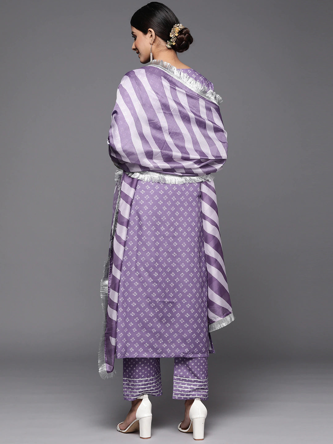 Women Purple Bandhani Yoke Design Sequinned Kurta Set